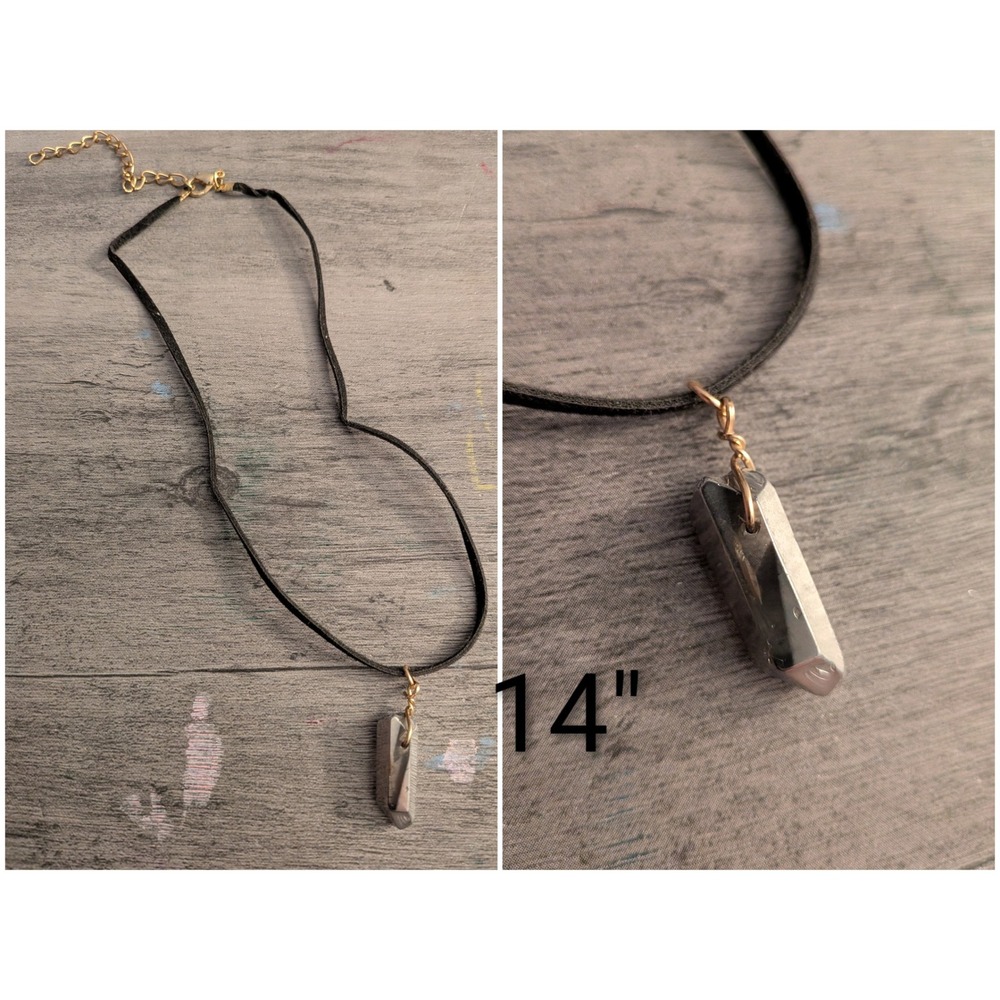 Handmade Faux Suede Choker Necklace Silver Crystal Point Pendant Black Gold Tone